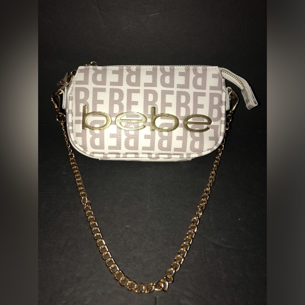BEBE SHOULDER Crossbody BAG PURSE White All Over LOGO FAUX LEATHER SMALL  NWOT